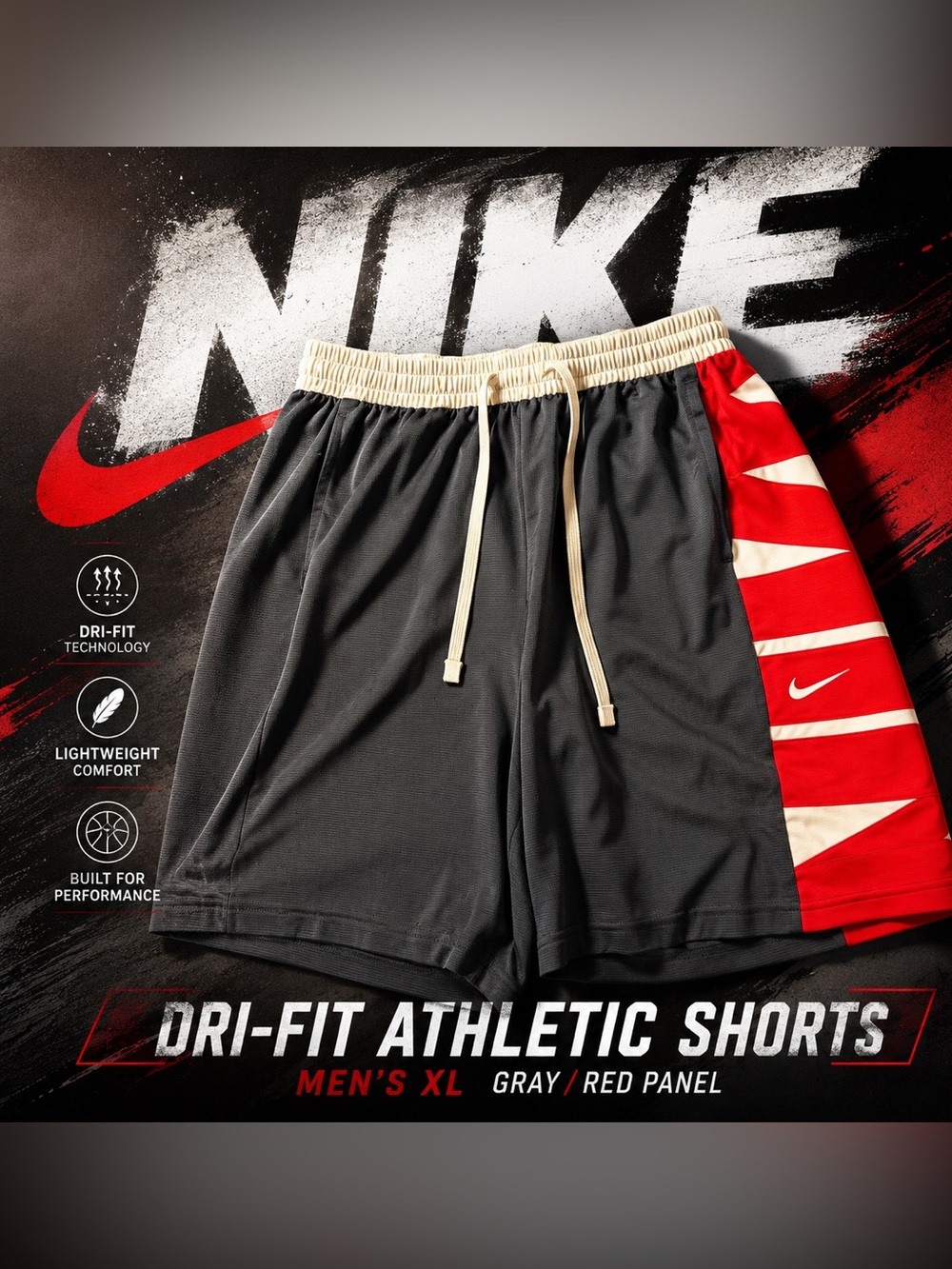 NIKE Dri-Fit Athletic Shorts – Men’s XL (Gray/Red Panel)